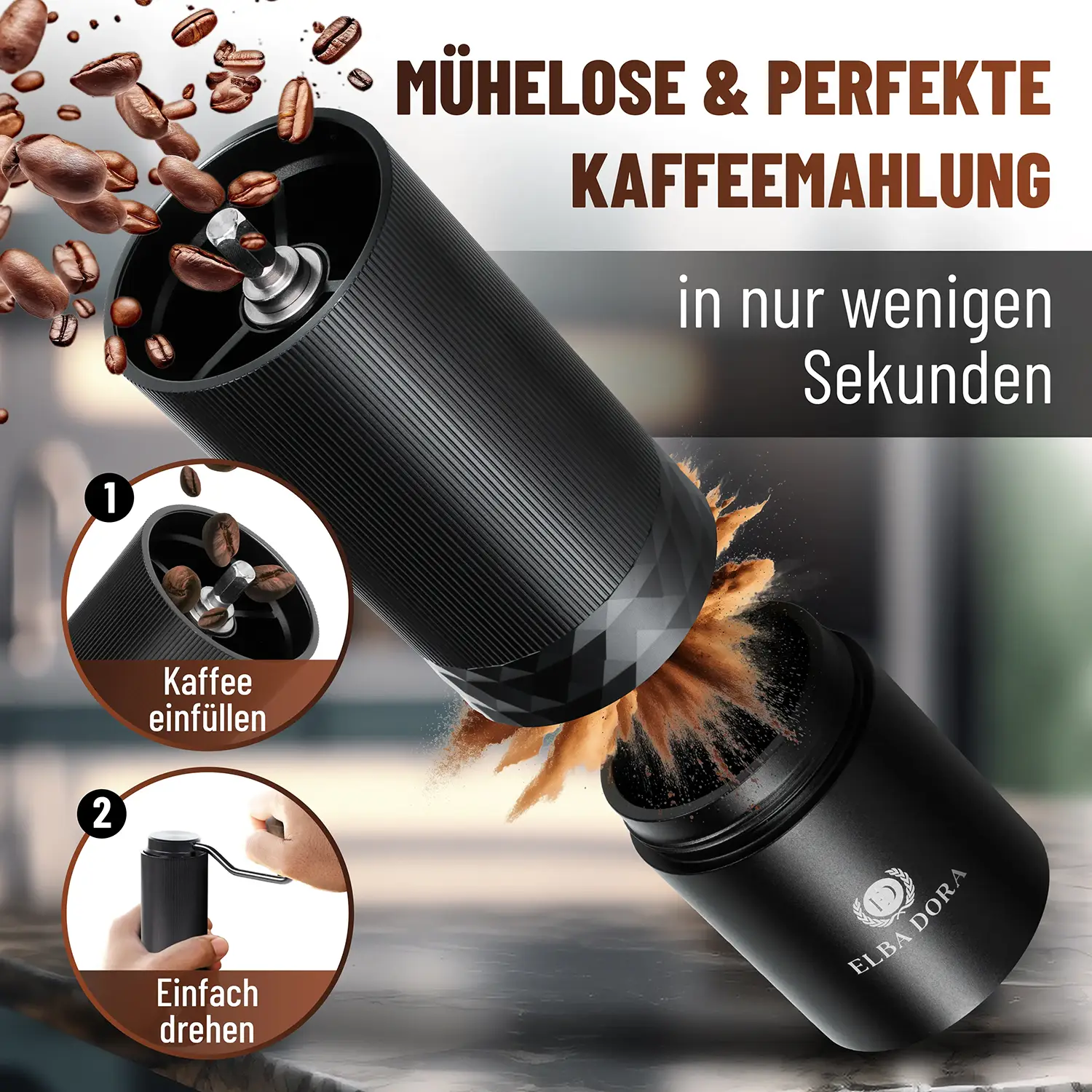 Onlineshop-Produktbild einer Kaffeemühle mit Detailansichten